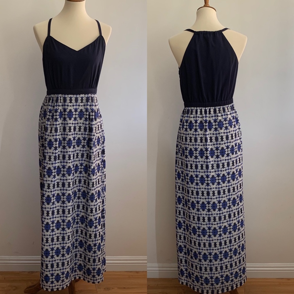 JCrew blue maxi dress with printed skirt